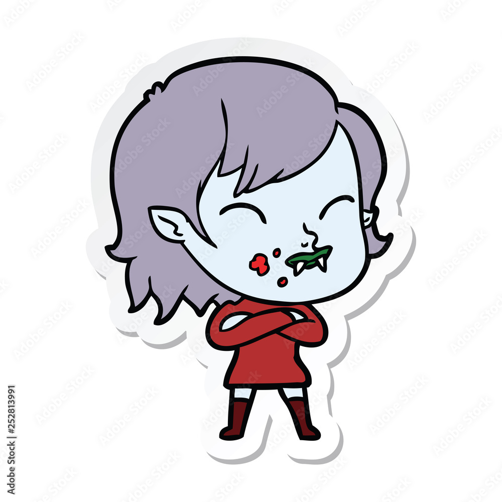 sticker of a cartoon vampire girl with blood on cheek sticker of a cartoon vampire girl with blood on cheek