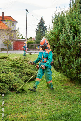 Man in overall and safety helmet trims overgrown lawn by grass cutter