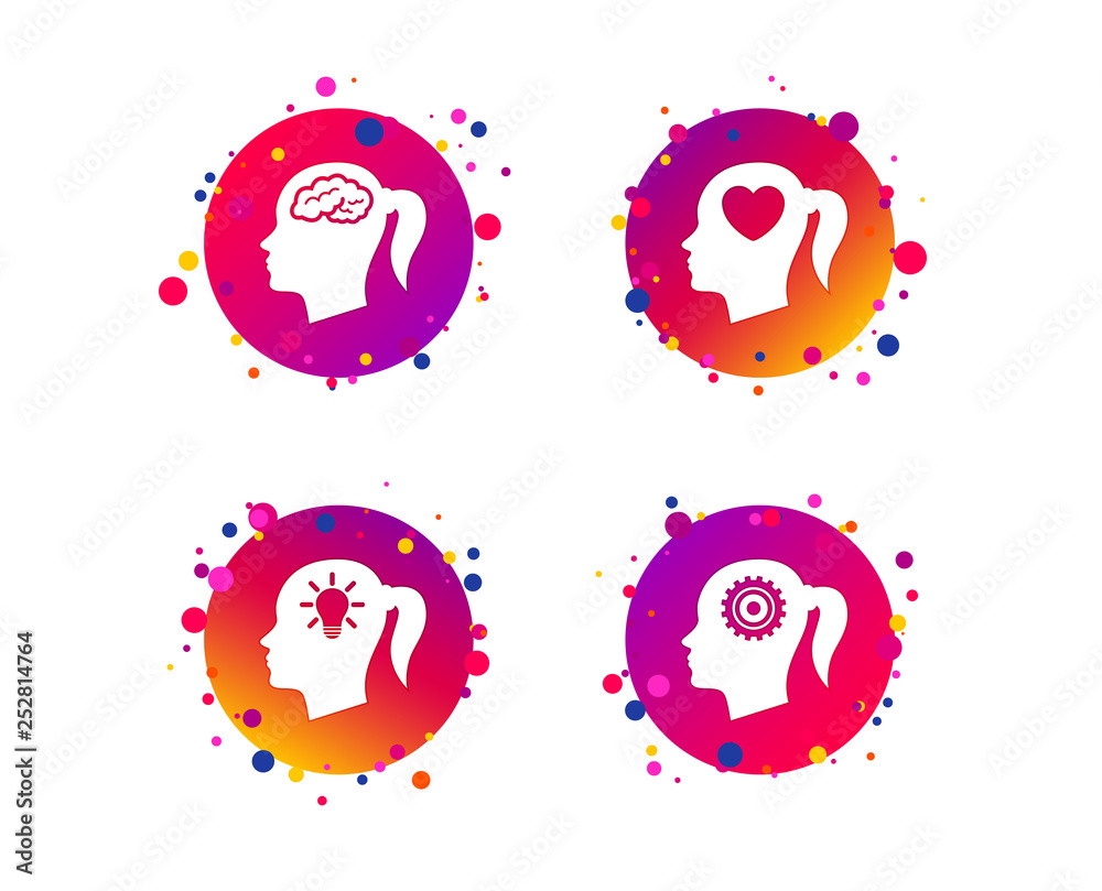 Head with brain and idea lamp bulb icons. Female woman think symbols. Cogwheel gears signs. Love heart. Gradient circle buttons with icons. Random dots design. Vector Head with brain and idea lamp bulb icons. Female woman think symbols. Cogwheel gears signs. Love heart. Gradient circle buttons with icons. Random dots design. Vector