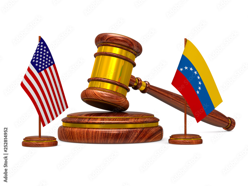 flag Venezuela and USA and wooden gavel on white background. Isolated 3D illustration
