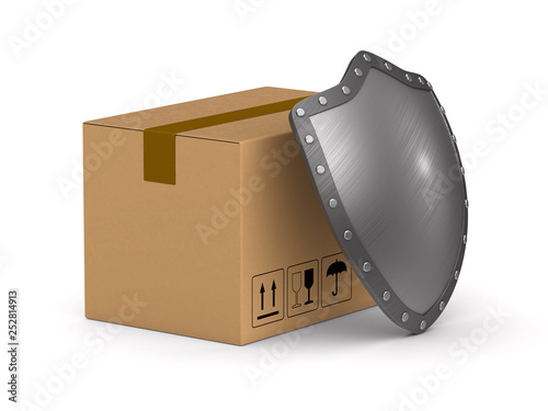 cargo box and shield on white background. Isolated 3D illustration photo