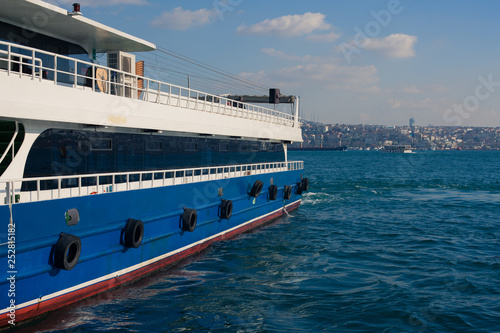 Water transport traffic concept. View to Asian part of Istanbul through Bosphorus strait. Sunny day. Outdoor shot © Augustino