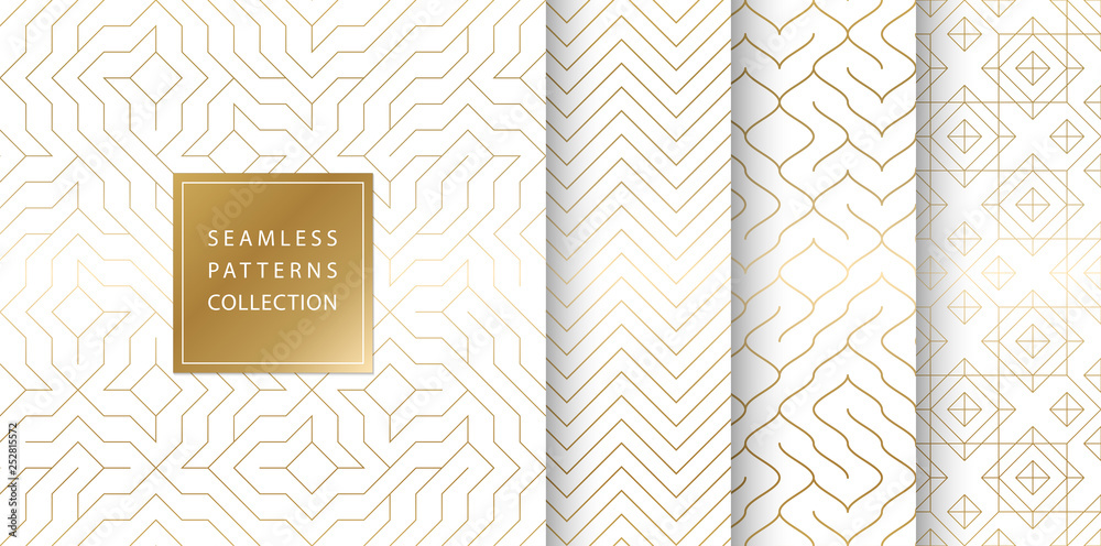 Geometric seamless golden pattern background. Simple vector graphic white print. Repeating line abstract texture set. Minimalistic shapes. Stylish trellis square gold grid. Geometry web page fill. - obrazy, fototapety, plakaty 