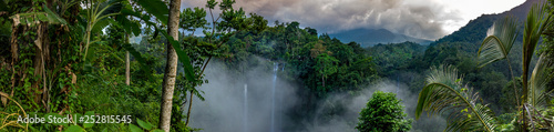 Aerial over Sekumpul waterfall surrounded by dense rainforest and mountains shrouded in mist at sunrise, Bali, Indonesia panoramic