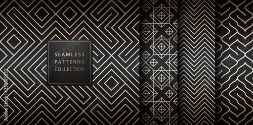 Geometric seamless golden pattern background. Simple vector graphic black print. Repeating line abstract texture set. Minimalistic shapes. Stylish trellis square gold grid. Geometry web page fill.