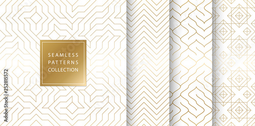 Geometric seamless golden pattern background. Simple vector graphic white print. Repeating line abstract texture set. Minimalistic shapes. Stylish trellis square gold grid. Geometry web page fill.