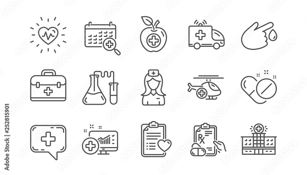 Medical line icons. Hospital assistance, Health food diet and Laboratory. Chemistry linear icon set.  Vector