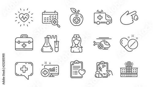 Medical line icons. Hospital assistance  Health food diet and Laboratory. Chemistry linear icon set.  Vector