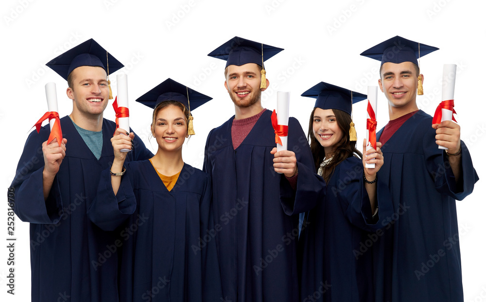 education, graduation and people concept - group of happy graduate students in mortar boards and bachelor gowns with diplomas over white background education, graduation and people concept - group of happy graduate students in mortar boards and bachelor gowns with diplomas over white background