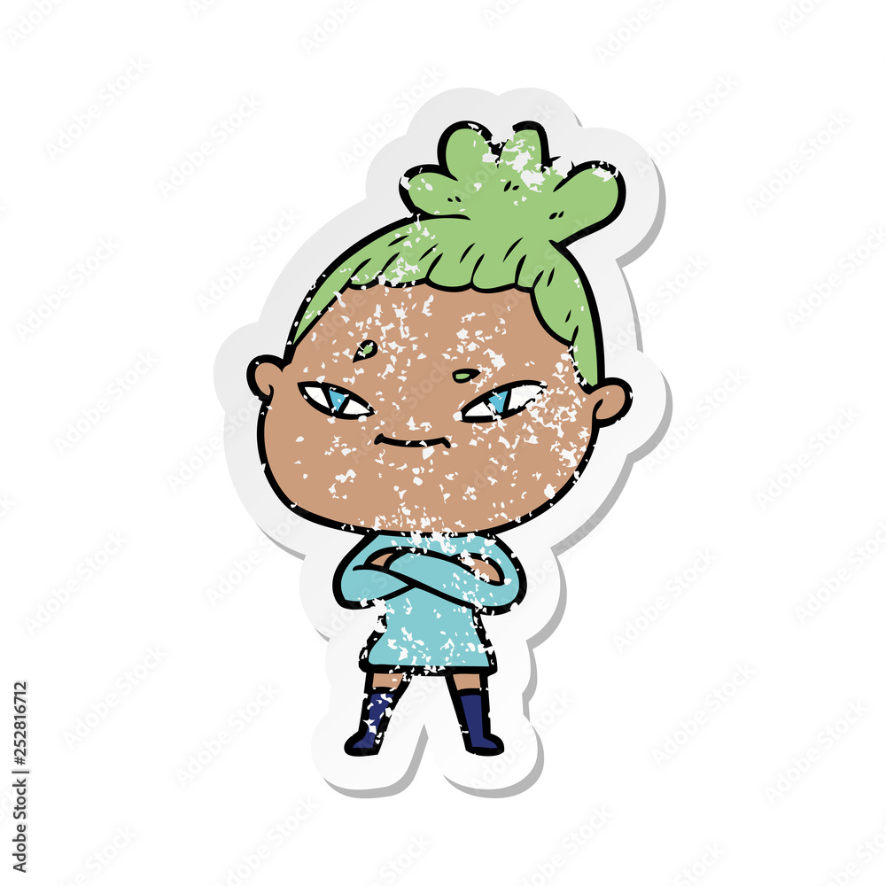 distressed sticker of a cartoon woman distressed sticker of a cartoon woman