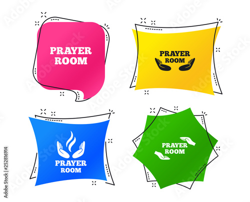 Prayer room icons. Religion priest faith symbols. Pray with hands. Geometric colorful tags. Banners with flat icons. Trendy design. Vector