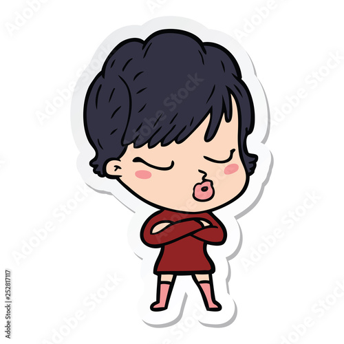 sticker of a cartoon woman with eyes shut