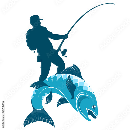 Fisherman with spinning catching fish silhouette