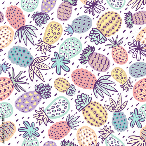 Seamless pineapple pattern. Handdrawn Pinapple with different textures in pas...