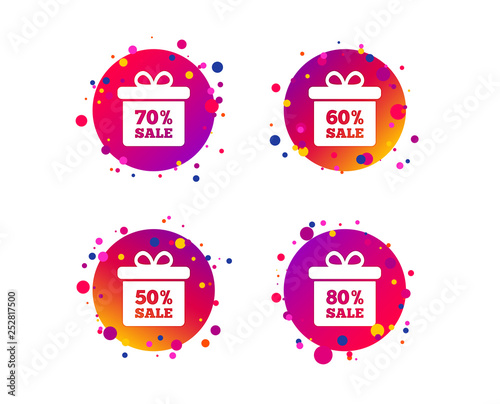 Sale gift box tag icons. Discount special offer symbols. 50%, 60%, 70% and 80% percent sale signs. Gradient circle buttons with icons. Random dots design. Vector