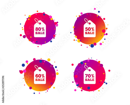 Sale price tag icons. Discount special offer symbols. 50%, 60%, 70% and 80% percent sale signs. Gradient circle buttons with icons. Random dots design. Vector