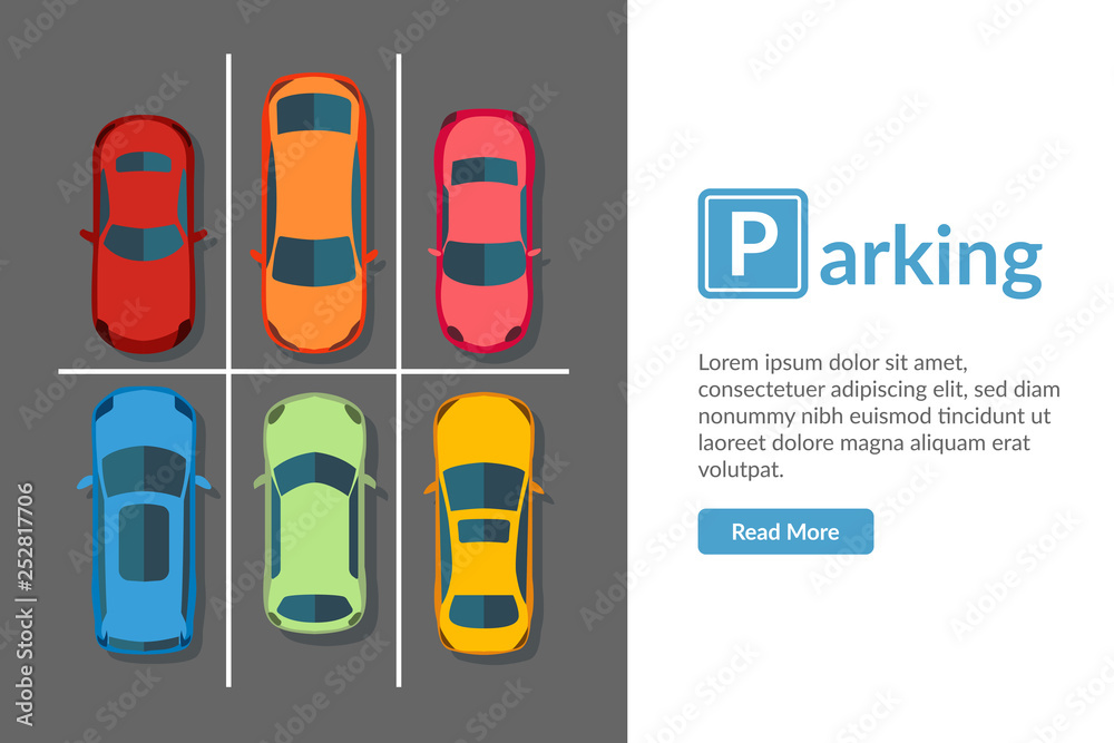 Free car parking lot with different car. Top view vehicle vector illustration in Flat style Isolated. Web page template. Free car parking lot with different car. Top view vehicle vector illustration in Flat style Isolated. Web page template.