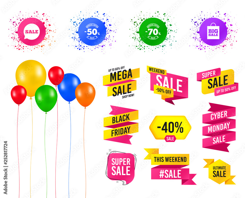 Balloons party. Sales banners. Sale speech bubble icon. 50% and 70% percent discount symbols. Big sale shopping bag sign. Birthday event. Trendy design. Vector Balloons party. Sales banners. Sale speech bubble icon. 50% and 70% percent discount symbols. Big sale shopping bag sign. Birthday event. Trendy design. Vector