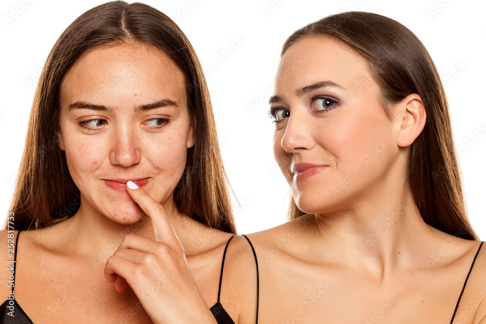 Comparision portrait of young woman without, and with makeup on a white background Comparision portrait of young woman without, and with makeup on a white background