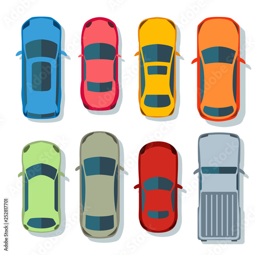 Cars top view vector flat. Vehicle transport icons set. Automobile car for transportation, auto car icon illustration isolated on whine background.