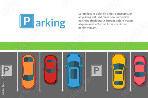 Cars free parking top view vector flat. Vehicle transport set. Web page template.