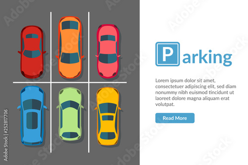 Free car parking lot with different car. Top view vehicle vector illustration in Flat style Isolated. Web page template.