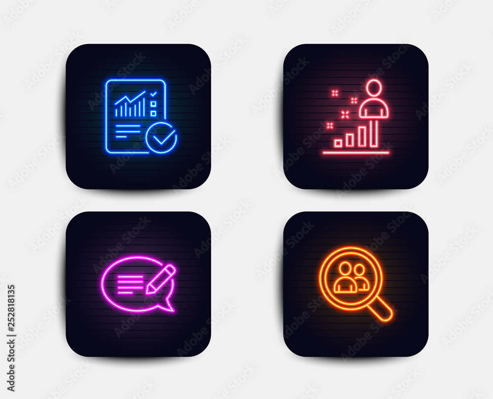 Neon glow lights. Set of Checked calculation, Message and Stats icons. Search employees sign. Statistical data, Speech bubble, Business analysis. Staff analysis.  Neon icons. Glowing light banners