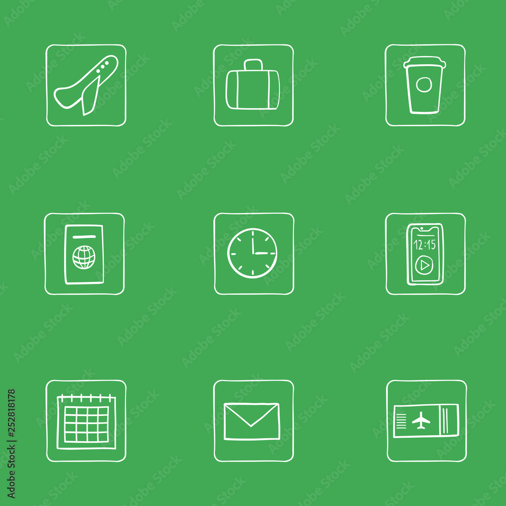 Seamless pattern with business travel theme. Airplane icons, coffee mugs, envelope, air ticket, smartphone, clock, suitcase, calendar. Vector graphics. Seamless pattern with business travel theme. Airplane icons, coffee mugs, envelope, air ticket, smartphone, clock, suitcase, calendar. Vector graphics.
