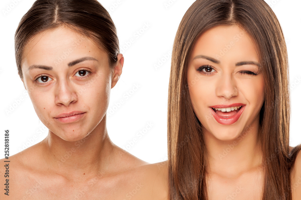 Comparision portrait of young woman without, and with makeup on a white background Comparision portrait of young woman without, and with makeup on a white background