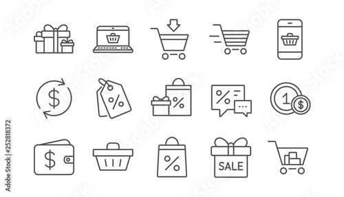 Shopping line icons. Gift, Percent sign and Sale discount. Delivery linear icon set.  Vector