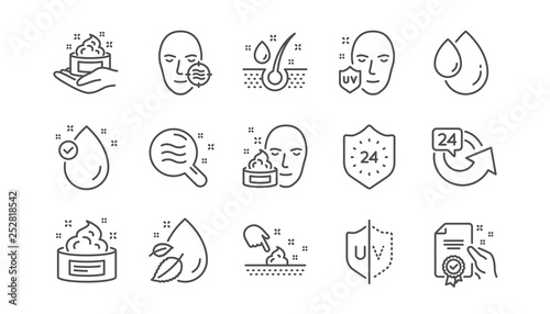 Skin care line icons. Cream, Serum drop and Face gel or lotion. Uv protection linear icon set.  Vector © blankstock