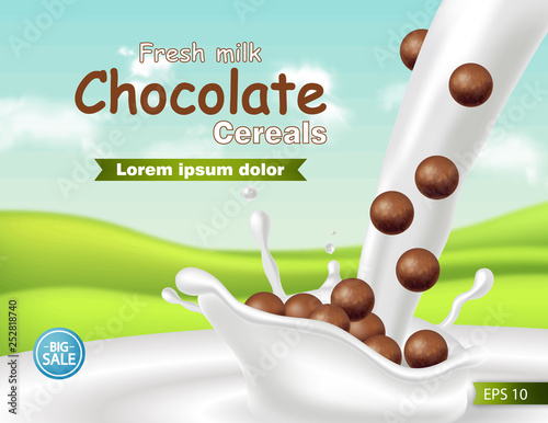 Chocolate cereals in milk splash Vector realistic mock up. Product placement label design. 3d detailed illustrations
