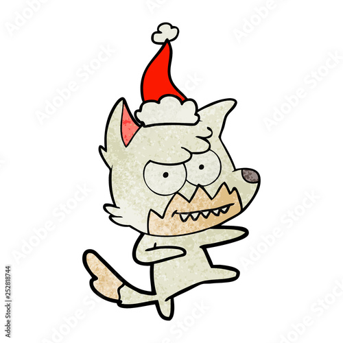 textured cartoon of a grinning fox wearing santa hat