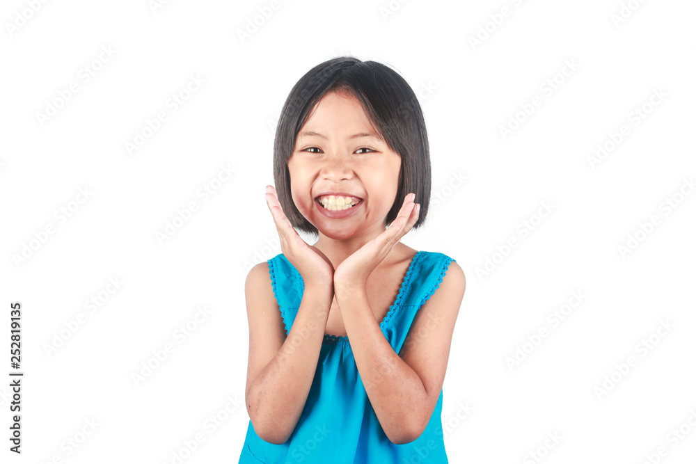Happy little asian girl holding her hands near face and smiling Happy little asian girl holding her hands near face and smiling
