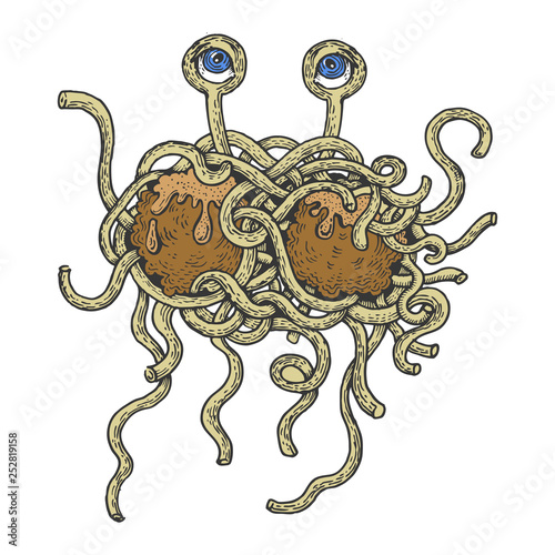 Flying spaghetti monster color sketch engraving vector illustration. Scratch board style imitation. Hand drawn image.