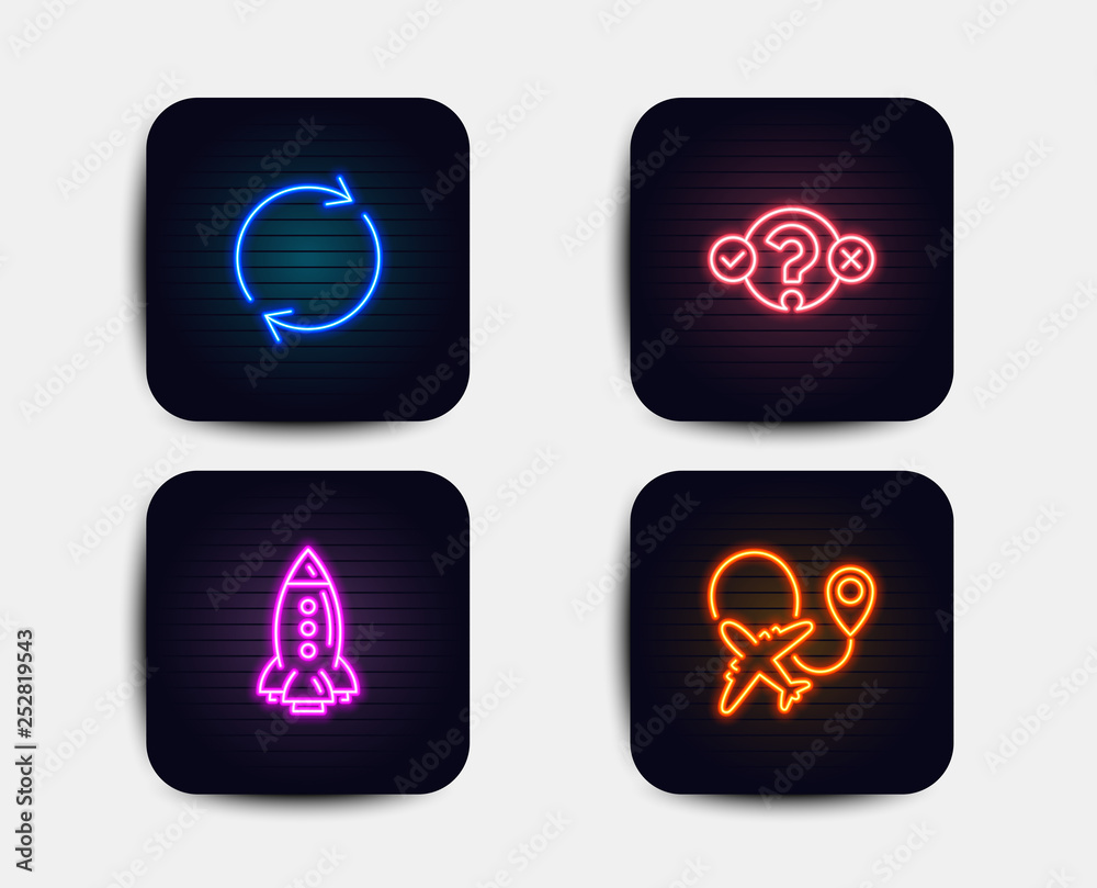 Neon glow lights. Set of Quiz test, Rocket and Full rotation icons. Airplane sign. Select answer, Spaceship, Refresh or reload. Plane. Neon icons. Glowing light banners. Vector Neon glow lights. Set of Quiz test, Rocket and Full rotation icons. Airplane sign. Select answer, Spaceship, Refresh or reload. Plane. Neon icons. Glowing light banners. Vector