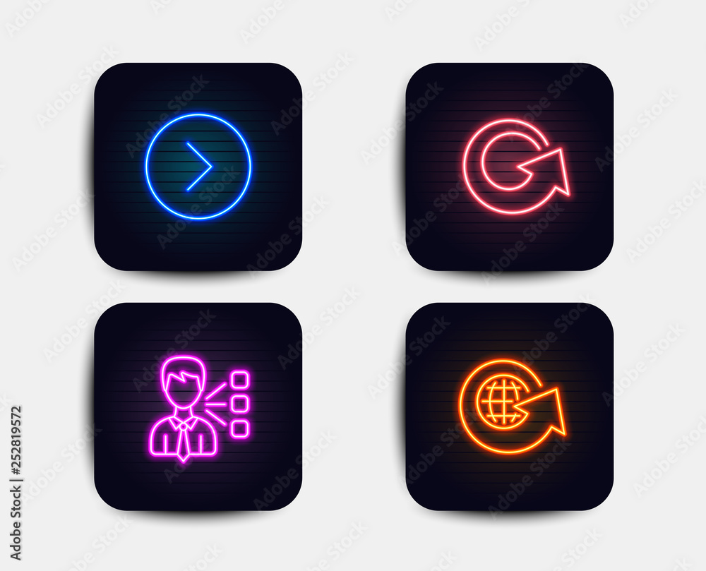 Neon glow lights. Set of Third party, Forward and Reload icons. World globe sign. Team leader, Next direction, Update. Around the world. Neon icons. Glowing light banners. Vector Neon glow lights. Set of Third party, Forward and Reload icons. World globe sign. Team leader, Next direction, Update. Around the world. Neon icons. Glowing light banners. Vector