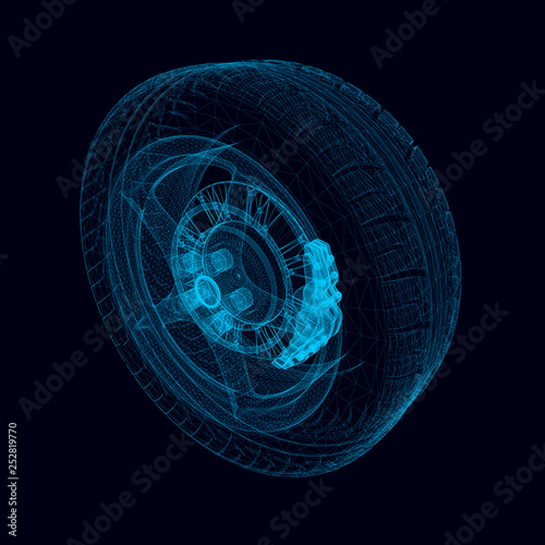 Wireframe of the wheels from the car of the blue lines. Polygonal car wheel on a dark background. 3D. Vector illustration