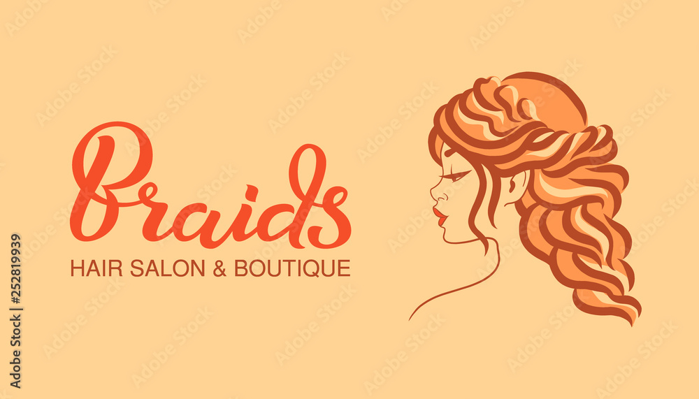 Illustration of woman with beautiful long hair style, icon, logo, badge. Woman line art silhouette on beige background, vector. Hand drawn lettering inscription - Braids. Illustration of woman with beautiful long hair style, icon, logo, badge. Woman line art silhouette on beige background, vector. Hand drawn lettering inscription - Braids.