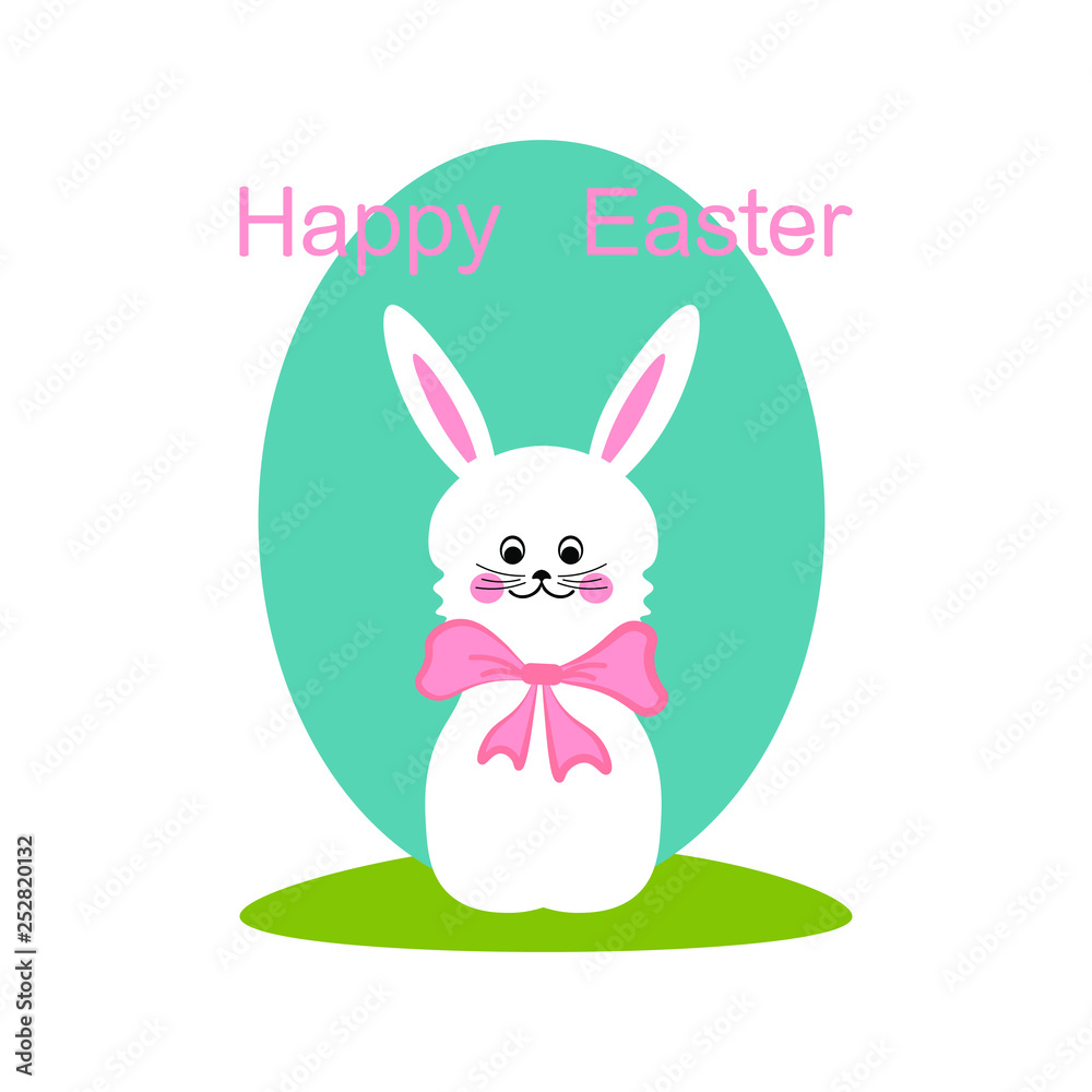 Fototapeta premium Color illustration, postcard. Easter white rabbit with bow.