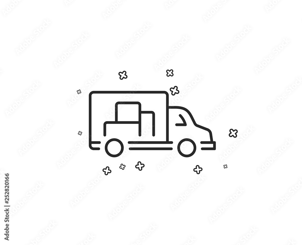 Truck transport line icon. Transportation vehicle sign. Delivery symbol. Geometric shapes. Random cross elements. Linear Truck transport icon design. Vector Truck transport line icon. Transportation vehicle sign. Delivery symbol. Geometric shapes. Random cross elements. Linear Truck transport icon design. Vector