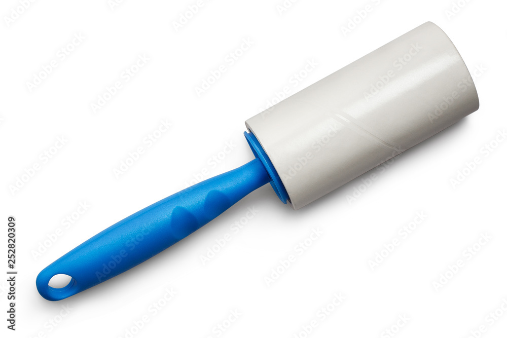 Sticky paper lint roller with a blue handle, isolated on white background Sticky paper lint roller with a blue handle, isolated on white background