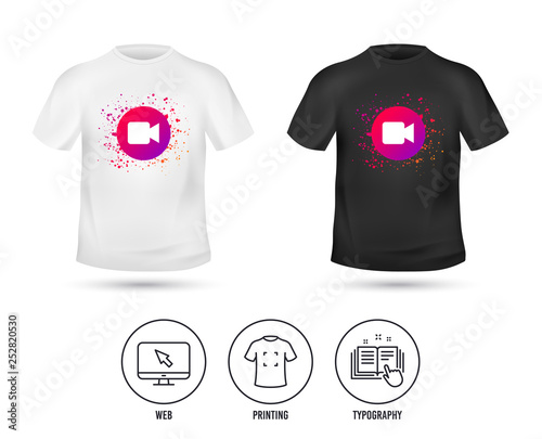 T-shirt mock up template. Video camera sign icon. Video content button. Realistic shirt mockup design. Printing, typography icon. Vector