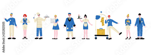 Hotel Staff Characters in Blue Uniform Set, Manager, Maid, Waitress,Chef, Bellhop, Receptionist, Concierge, Doorman Vector Illustration