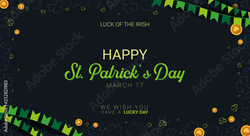 Saint Patricks Day banner. Clover leaves with coins on dark background. Vector Illustration.