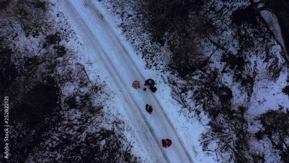 Aerial view of a wooded road covered with fresh snow in the middle of the day Aerial view of a wooded road covered with fresh snow in the middle of the day