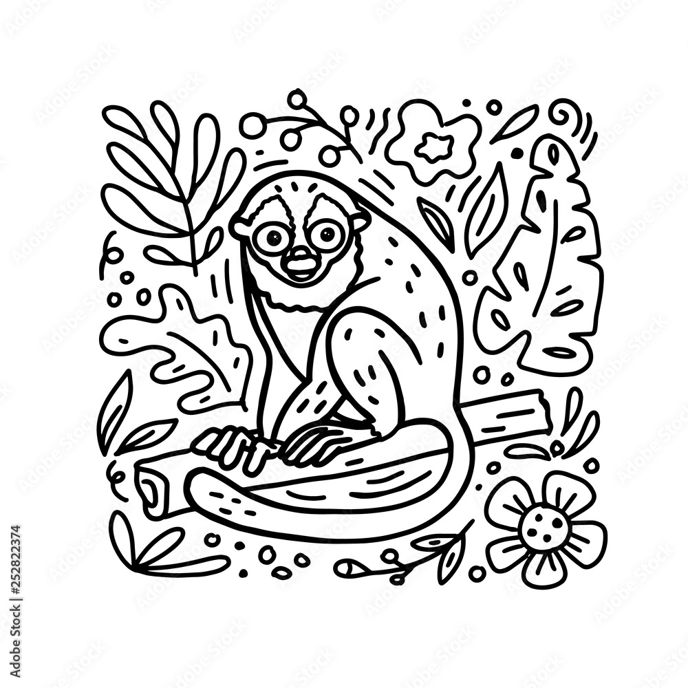 Hand drawn doodle style Night Monkey illustration with floral elements. Vector coloring book. For childrens books, clothes prints, textile. Hand drawn doodle style Night Monkey illustration with floral elements. Vector coloring book. For childrens books, clothes prints, textile.
