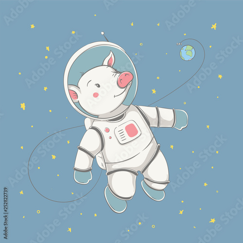 Lovely cute piggy fling with the space station and the planet. Space series of children's card