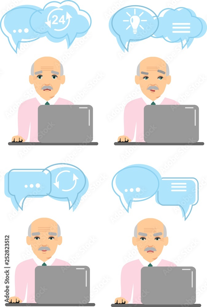 Set of old men with various emotion expression work at a computer. Age chat online on the Internet. Cute cartoon illustration of old european people using computer and internet. Set of old men with various emotion expression work at a computer. Age chat online on the Internet. Cute cartoon illustration of old european people using computer and internet.