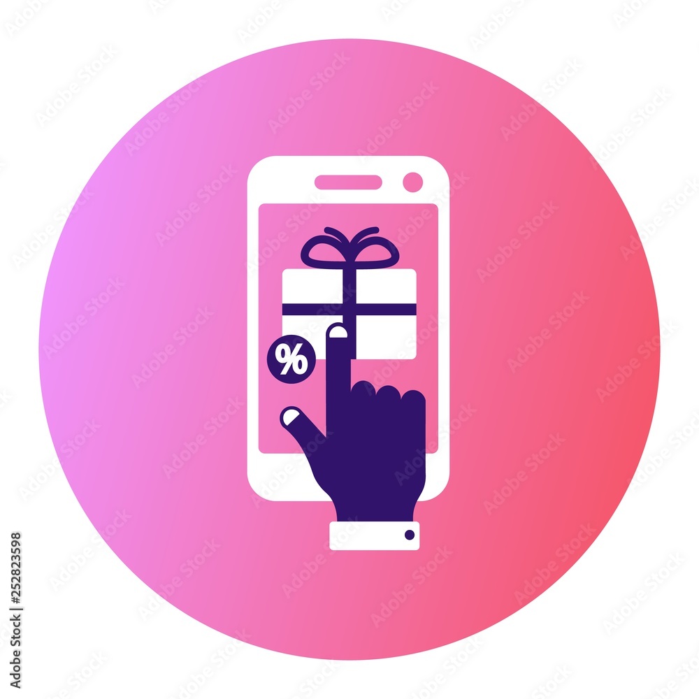Online shopping by smart mobile phone flat icon in a round frame on a pink gradient background Online shopping by smart mobile phone flat icon in a round frame on a pink gradient background